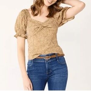 Nine West Women's Tan Twist Front Puff Sleeve Smocked Top Size XS NWT